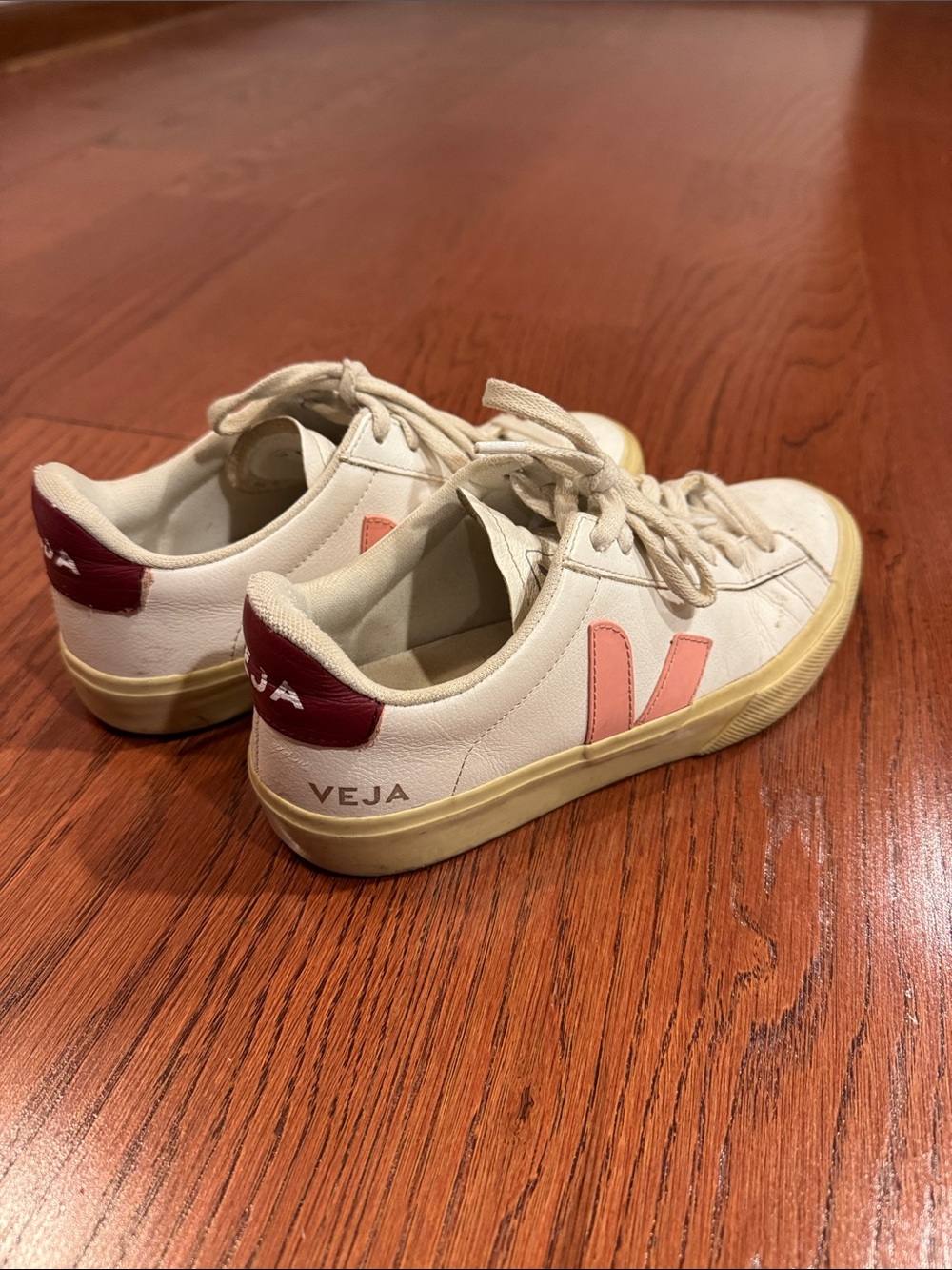 Veja White Sneakers with Pink V and Burgundy Heel Tab